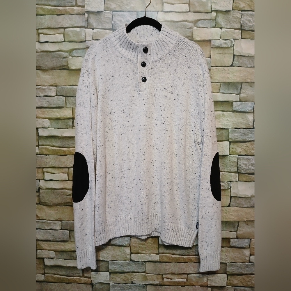 Mens Large Chaps Tweed Mock Neck Popover Sweater Elbow Patch Oatmeal Speck